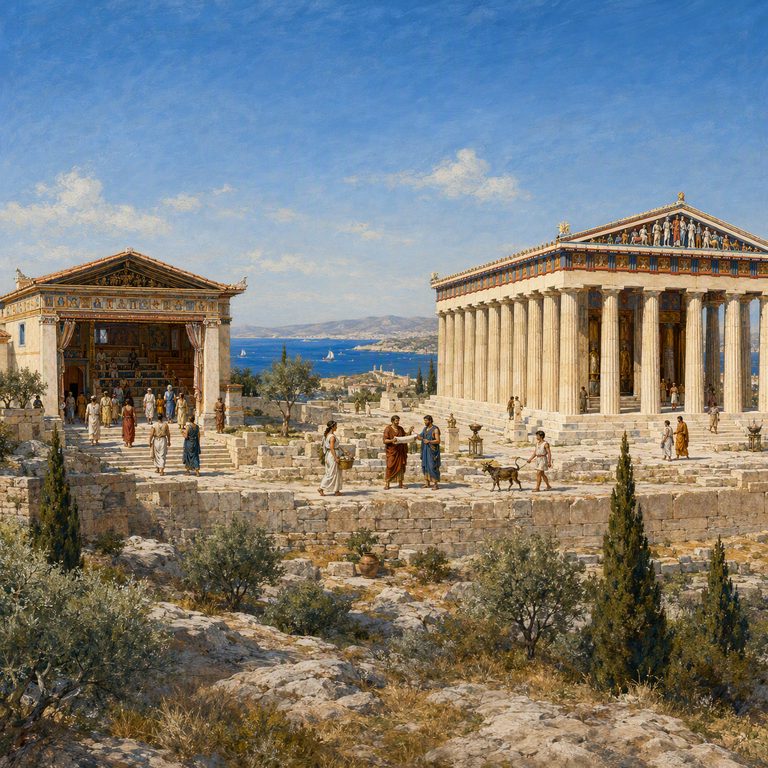 The Odeon and the Parthenon in daily use, citizens filing to a recital along the sacred way.