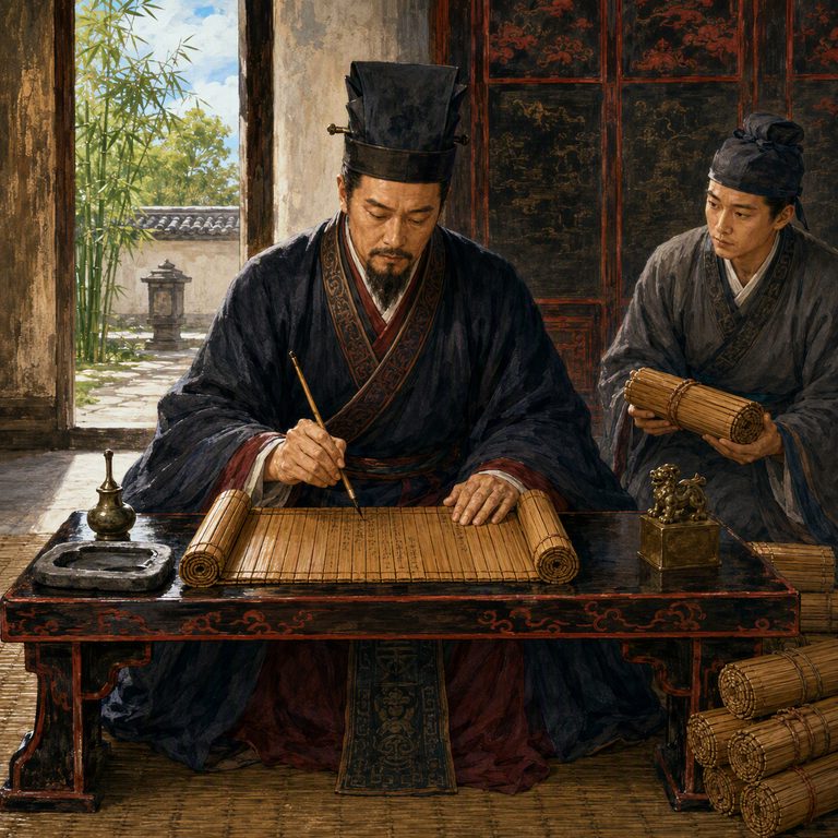 A Shì Dàfū official annotates a bamboo slip scroll indoors, another scholar beside him and the courtyard visible through the open doorway.