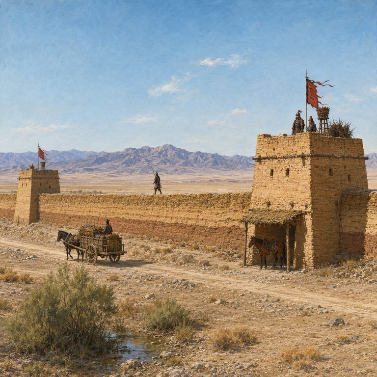 A watch detachment on the rammed-earth rampart, signal brushwood stacked at the beacon tower.