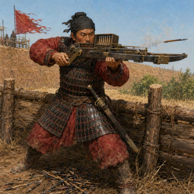 A Chu-Ko-Nu archer levels the repeating crossbow from a disciplined line, wall towers hazy behind the ranks.
