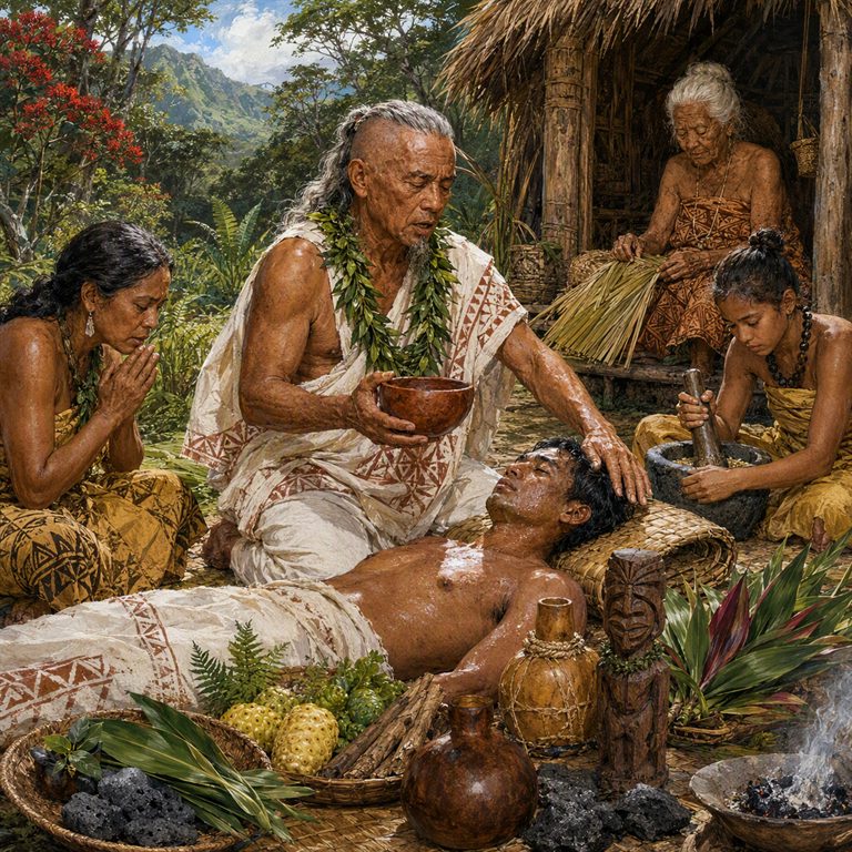 A Kahuna tends a reclining patient's forehead as women pound herbs and prepare plants beside a thatched shelter in a lush valley.