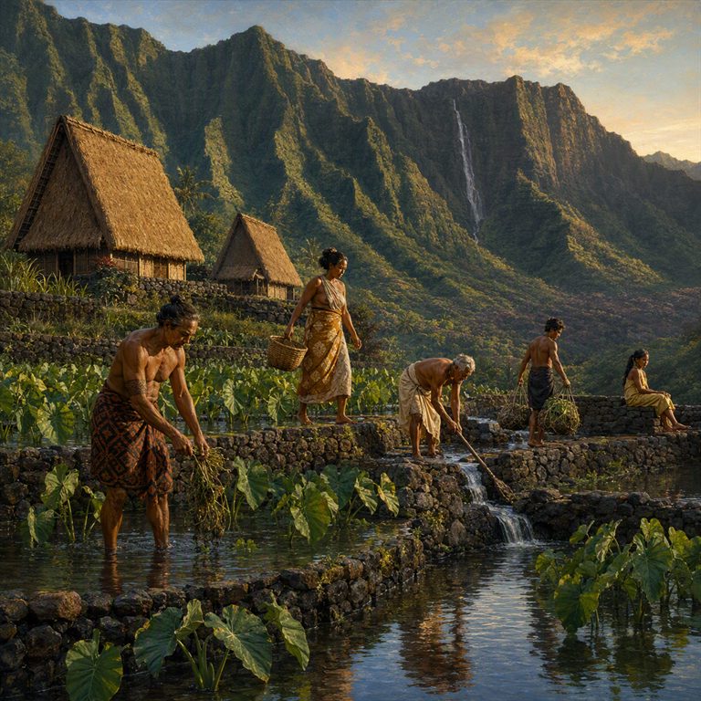 Hawaiian lo'i kalo terraces descend through the green valley, their shallow water reflecting the mountains and palms.