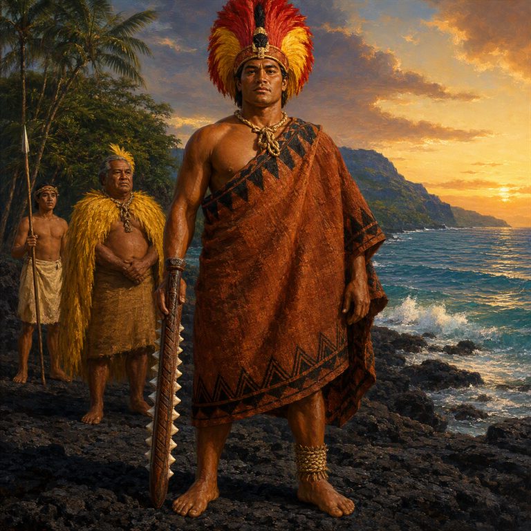 A bare-chested Leiomano warrior holds a shark-tooth club on a black-rock coast, with two companions and the bright sea behind him.
