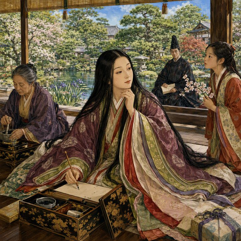 A Shijin poet writes at a low desk before painted screens, sleeves pooled as attendants wait in the garden light.