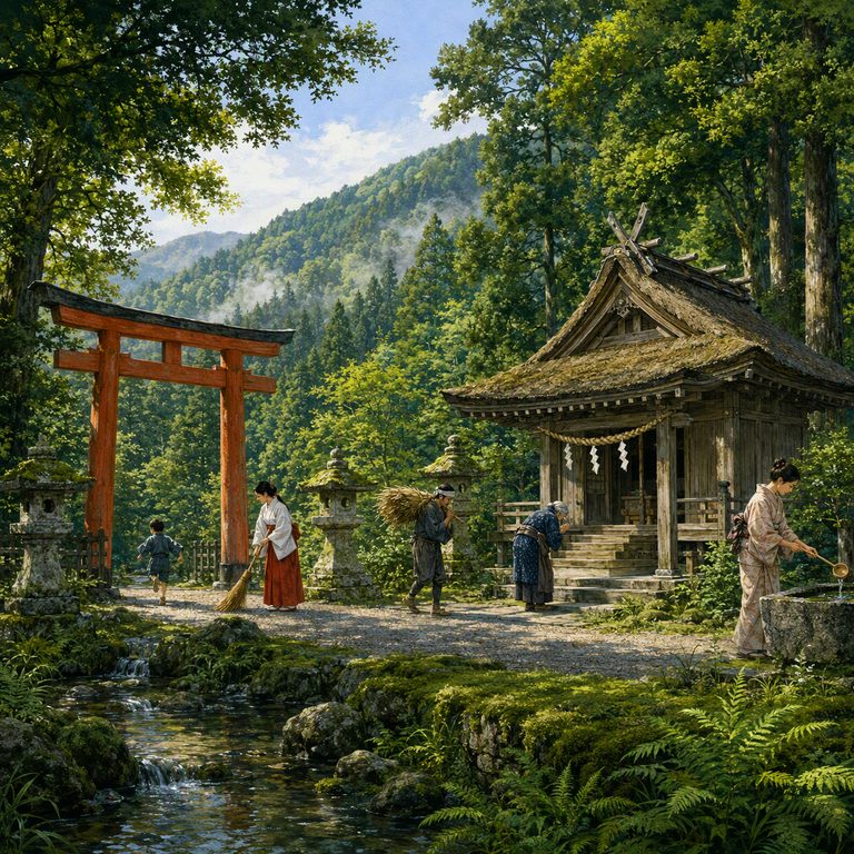 A shrine attendant sweeps the gravel path between the torii and the cypress shrine.