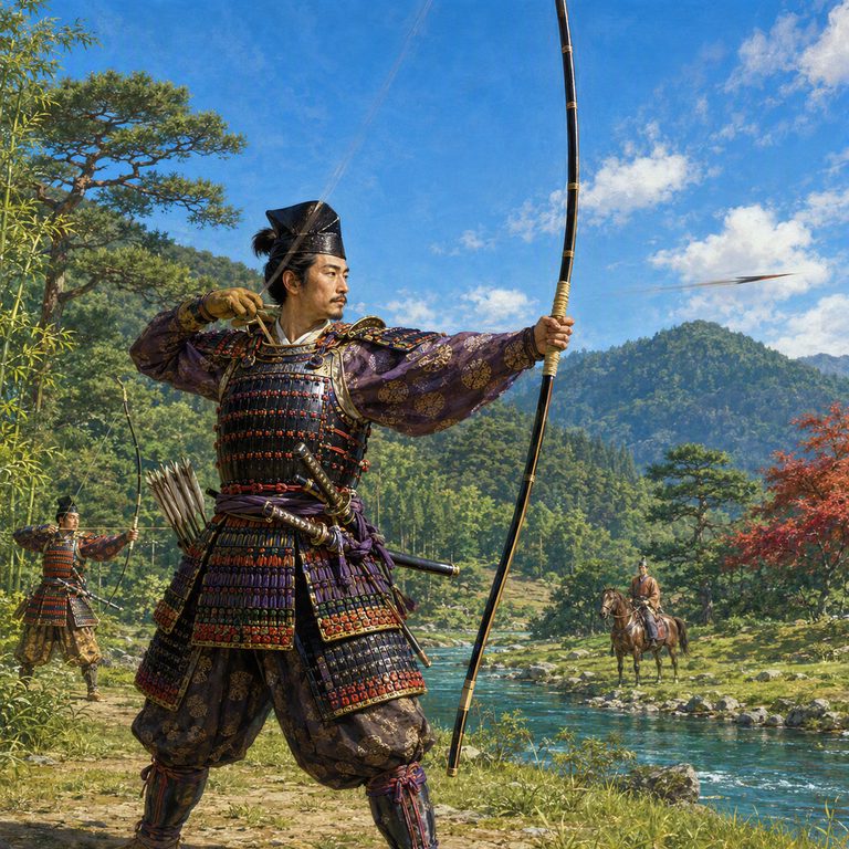 A Yumi archer draws beneath autumn branches, court buildings and a quiet line of retainers set back in the mist.