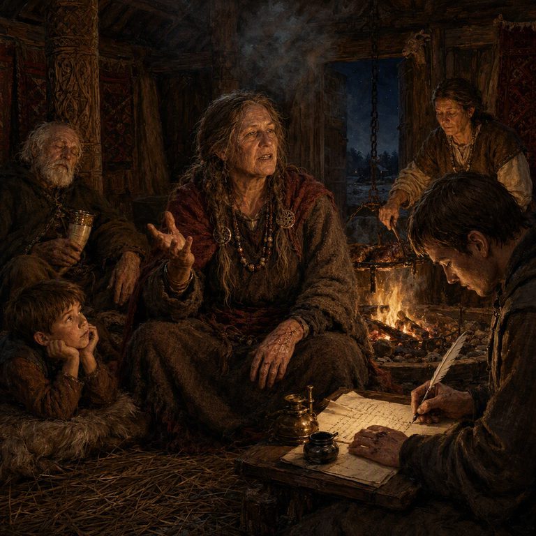 A Saga Hero tells a story beside the fire in a timber hall while listeners lean close and a scribe records the words.