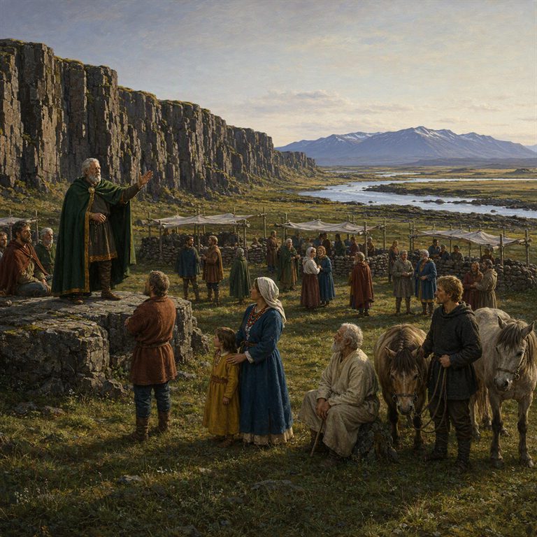 A grey-bearded speaker addresses a gathering from a low stone platform while families and horses stand beside a river below dark basalt cliffs.