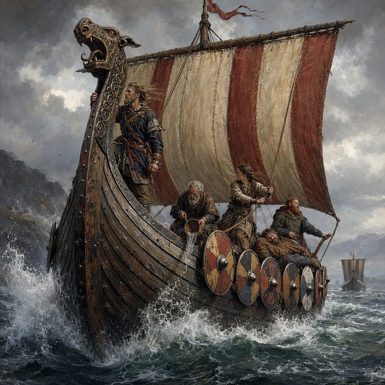A Viking longship drives through grey water, its shielded crew braced below a red-and-cream sail and steep coastal cliffs.