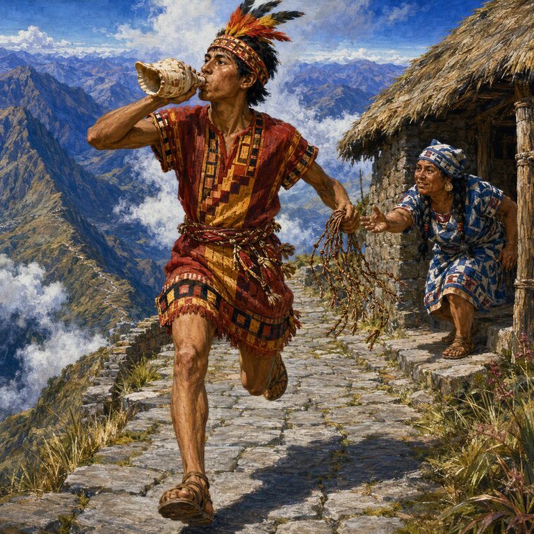 A Chasqui runs along a stone mountain road above the clouded valley while blowing a conch.
