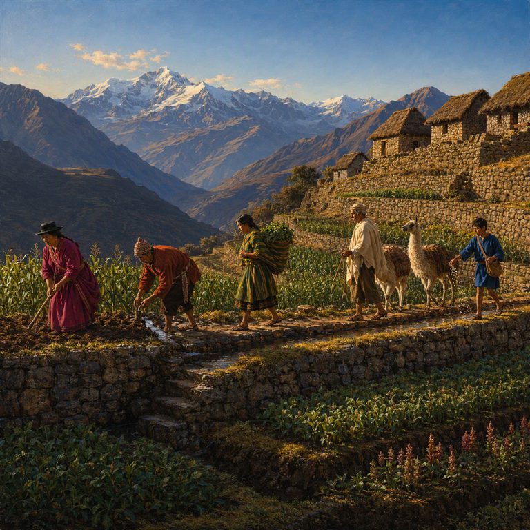 Inca terraces descend the mountain in precise stone steps, their green crops set against steep rock and a clouded horizon.
