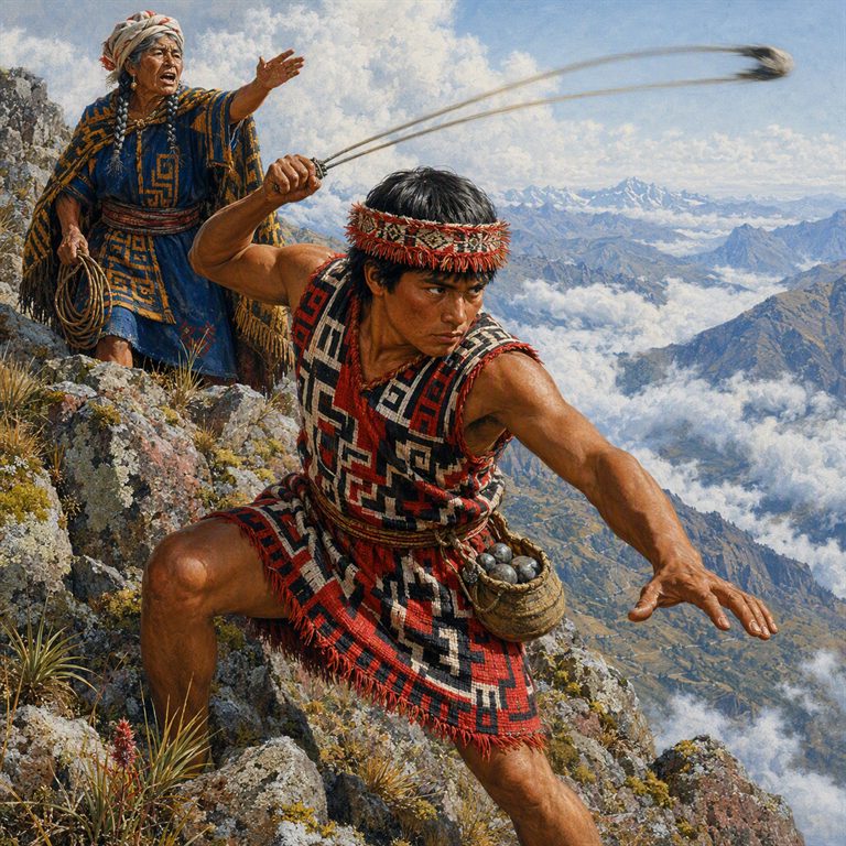 A Warak'aq crouches on a rocky mountain slope and swings a sling, with another figure holding spare cord behind him above the clouds.