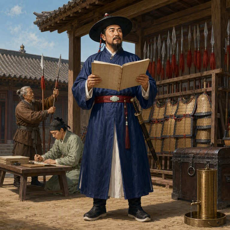 A Joseon official reads from a bound book in an arms storehouse, where an assistant writes at a table beside racks of spears and shields.