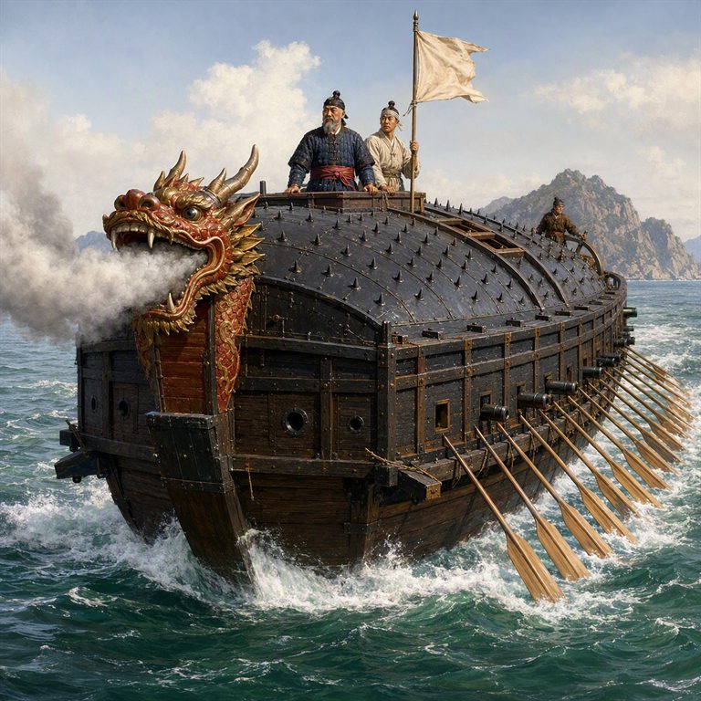 The Joseon Turtle Ship cuts through rough water, its armoured deck and dragon-headed prow braced against the spray.