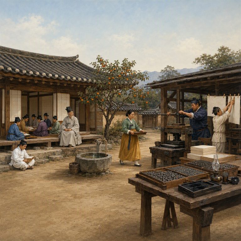A Joseon courtyard workshop contains a wooden printing press, trays of type, drying sheets, and scholars seated beneath tiled roofs beside a stone basin.