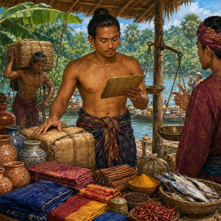 A Vaishya trader weighs goods beside river baskets, with the market lane and temple roofs fading into humid distance.