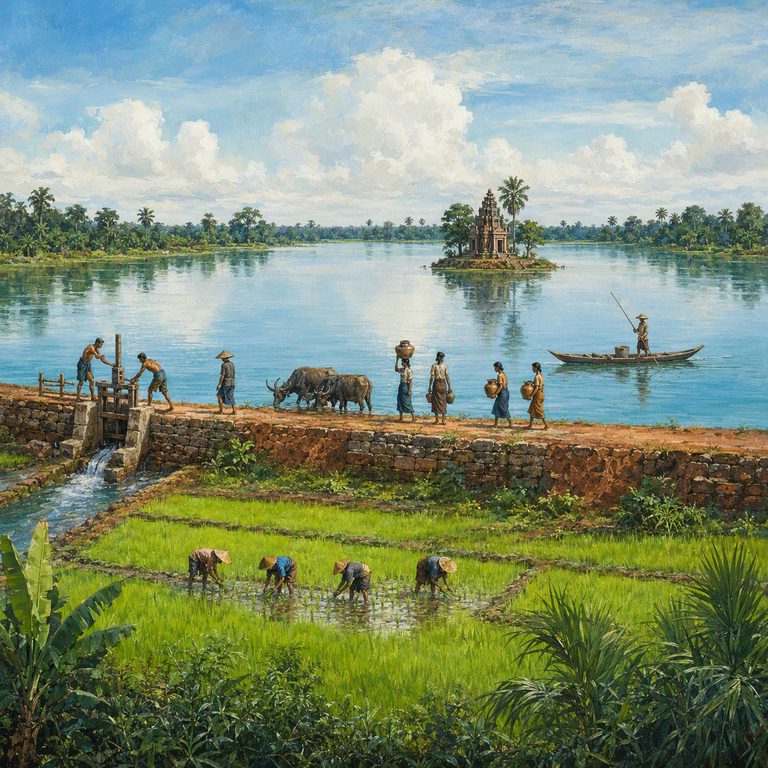 Farmers open a sluice from the great reservoir into the paddies, buffalo standing in the shallows.