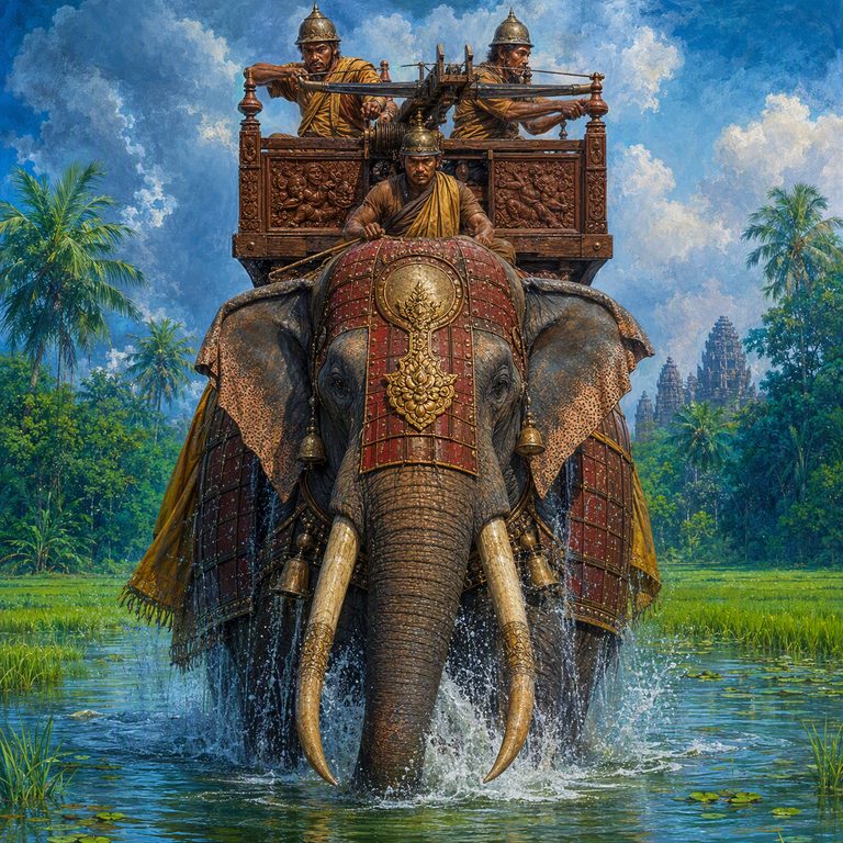 The Yuthahathi war elephant advances through wet jungle ground, crew poised above its painted cloth and tusks.