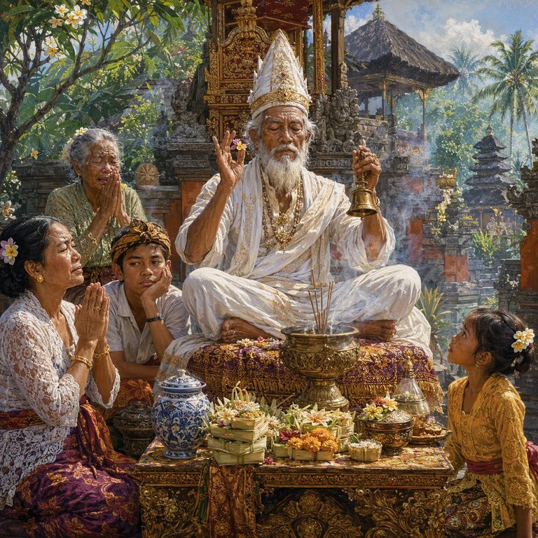 A Pedanda raises offerings beside incense and flower trays as worshippers gather before the carved temple shrine.