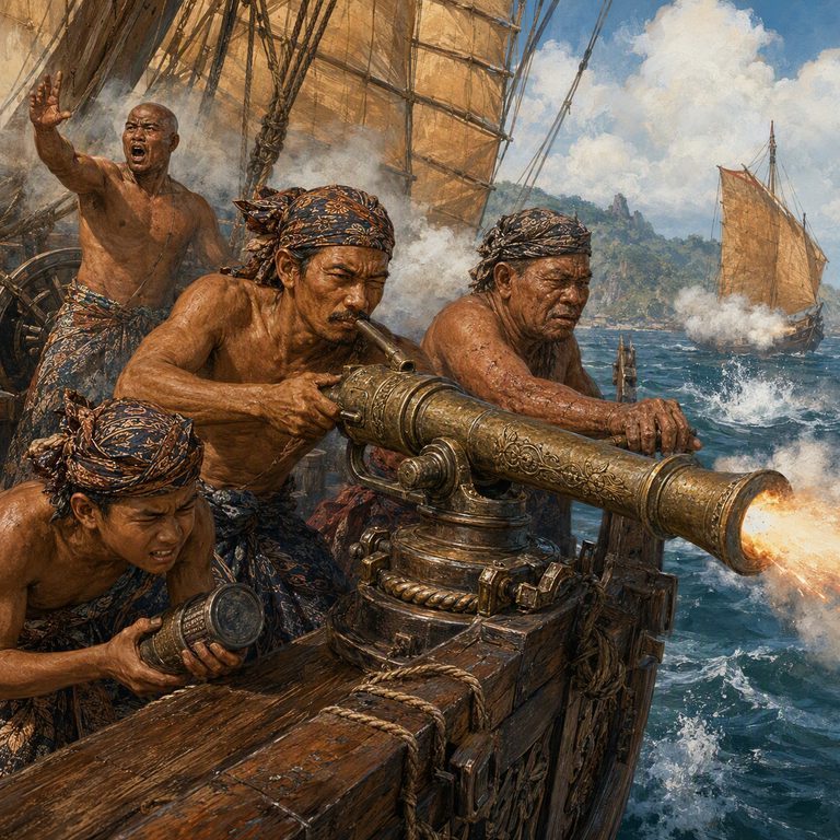 A Cetbang crew fires an ornate bronze cannon from the rail of a pitching wooden warship.
