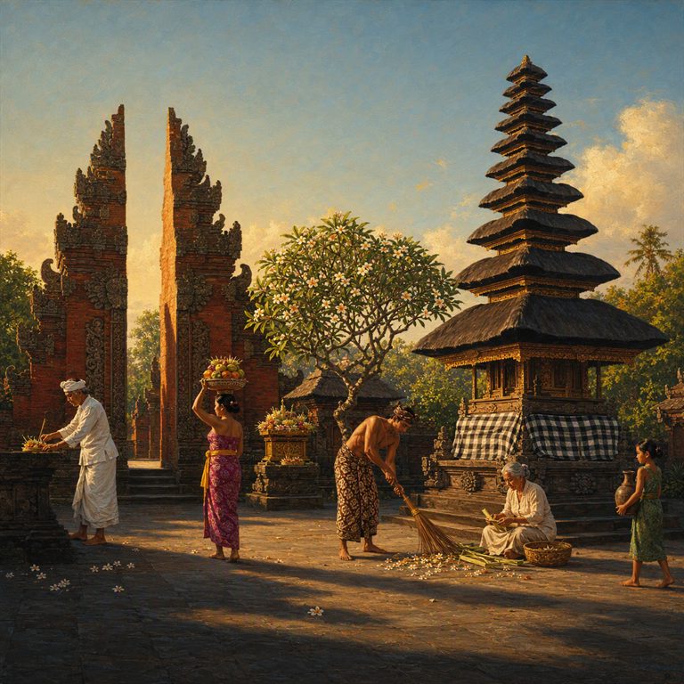 A split temple gateway frames worshippers carrying flower offerings through a warm, shadowed Balinese temple court.
