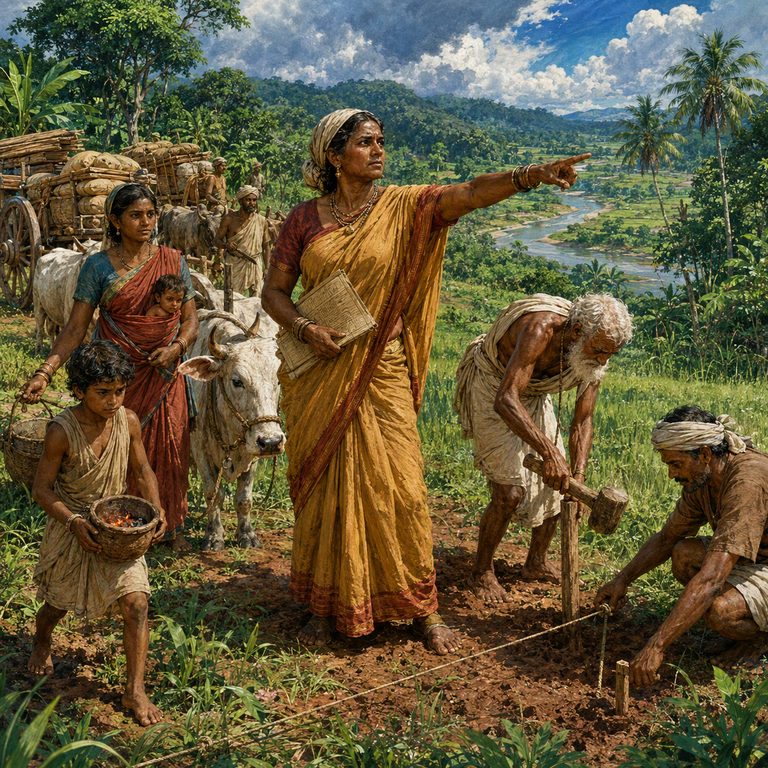 A Nagarika woman leads a settler party through green farmland, pointing toward the river valley as families and loaded carts follow.