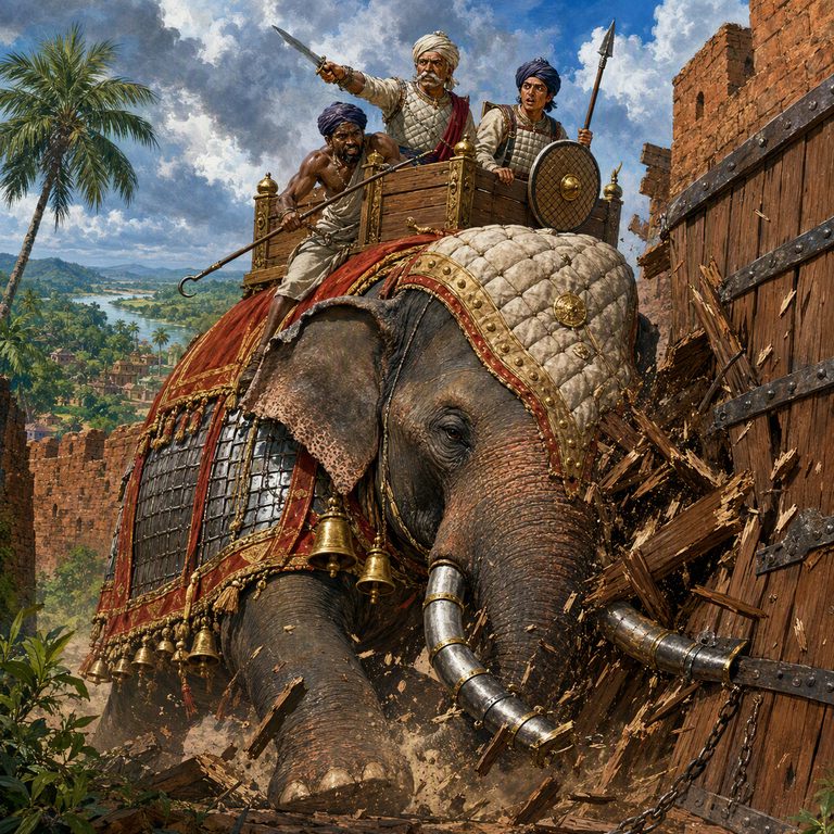 A war elephant smashes through a wooden gate, its armored crew driving forward as defenders' walls and dust close around the breach.