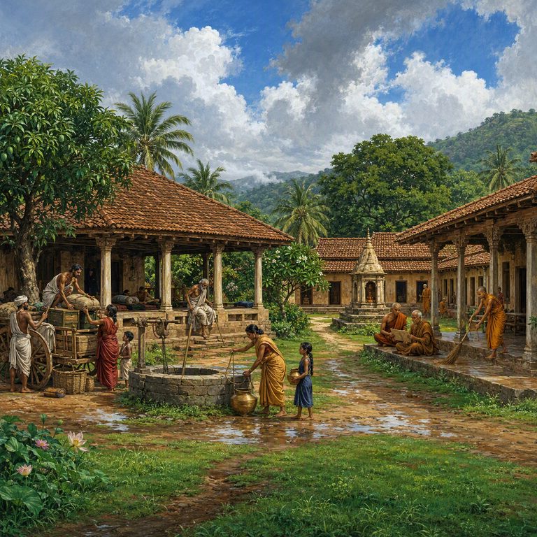 Travellers rest in the pillared shelter while a nun sweeps the monastery verandah.