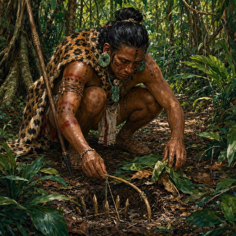 A Jaguar Slayer crouches in dense forest, setting a concealed trap among the leaves with spear and jaguar skin at his back.