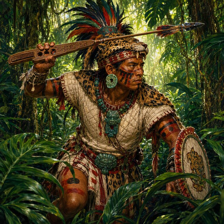 A Hul’che warrior draws the throwing spear beside jungle stonework, painted shield low and companions held back.