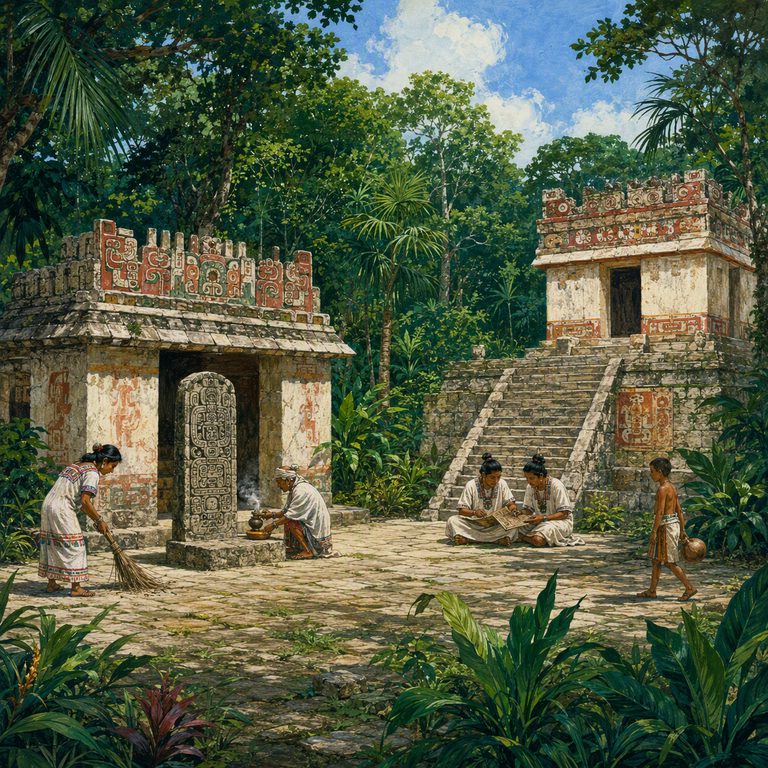A sacred precinct on an ordinary morning, scribes comparing a bark-paper codex on the temple step.