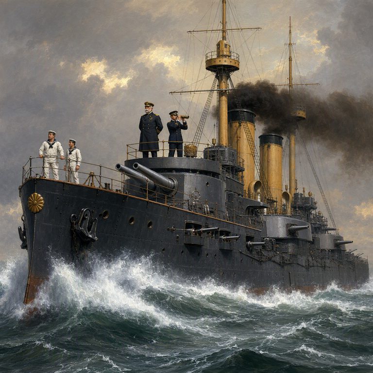 The battleship Mikasa steams through dark water, its guns and superstructure silhouetted against the breaking waves.