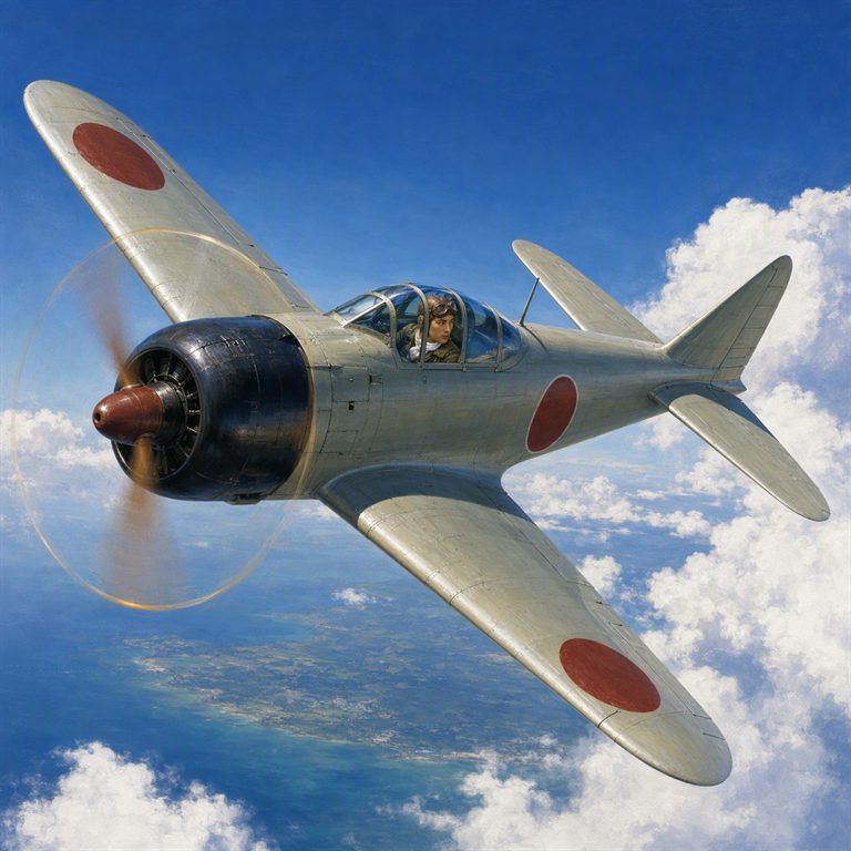 A Zero fighter banks above the cloud tops, its red roundel and silver fuselage sharply visible against the blue sky.