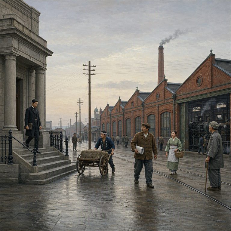 A Meiji industrial quarter joins brick workshops to a wet Japanese street, with tiled eaves, telegraph poles and workers beneath factory smoke.