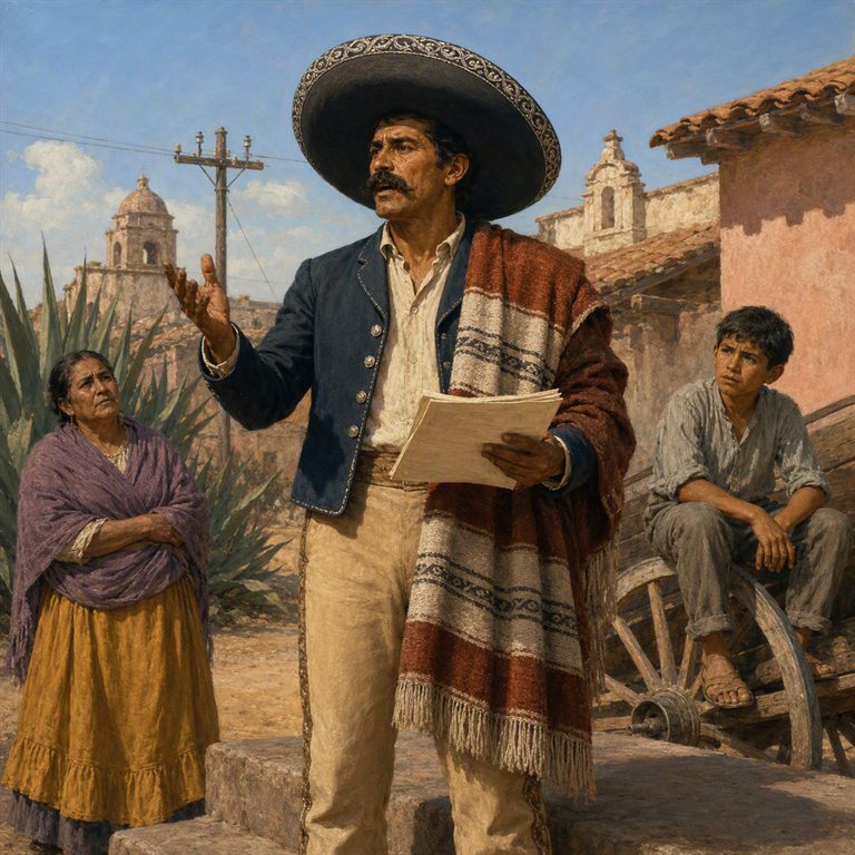 A Revolucionario addresses villagers in a sunlit Mexican street, notes raised as companions and colonial towers frame the gathering.