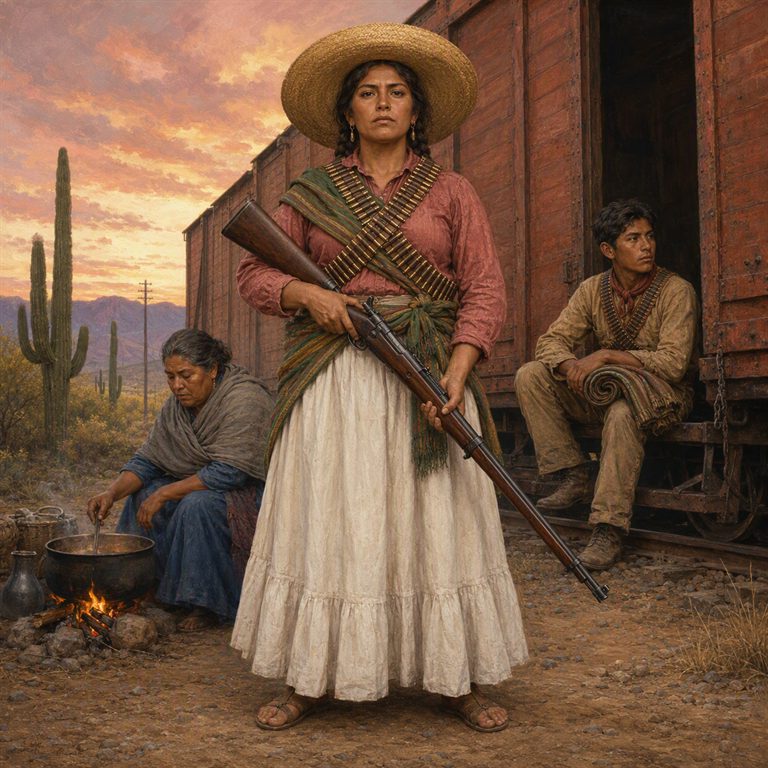 A Mexican soldadera stands with a rifle and crossed ammunition belts beside a freight railcar, while companions rest by a cooking fire among cacti.