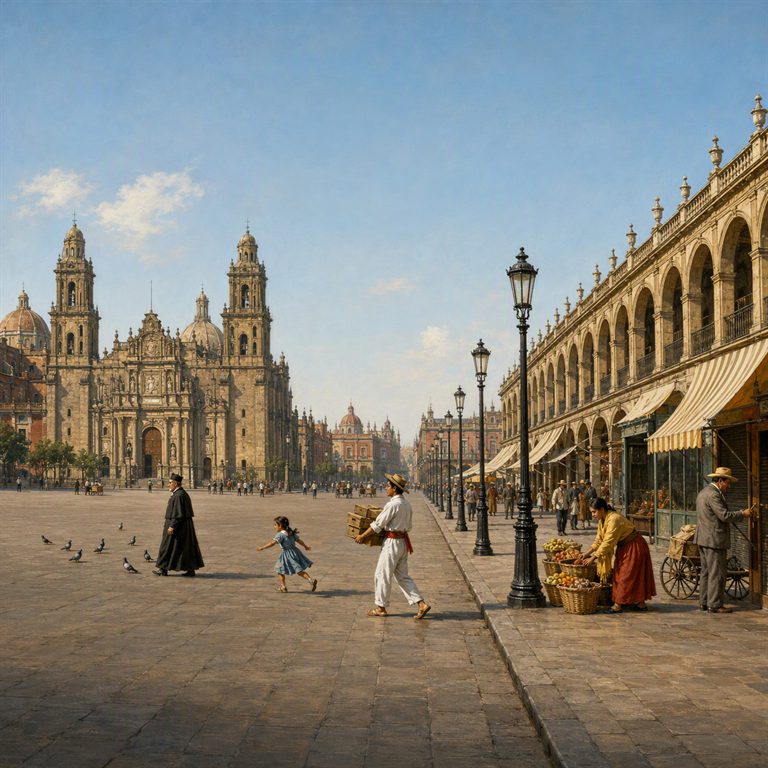 Mexico City's Zocalo opens between arcades and cathedral towers, with pedestrians and vendors crossing the broad stone square.