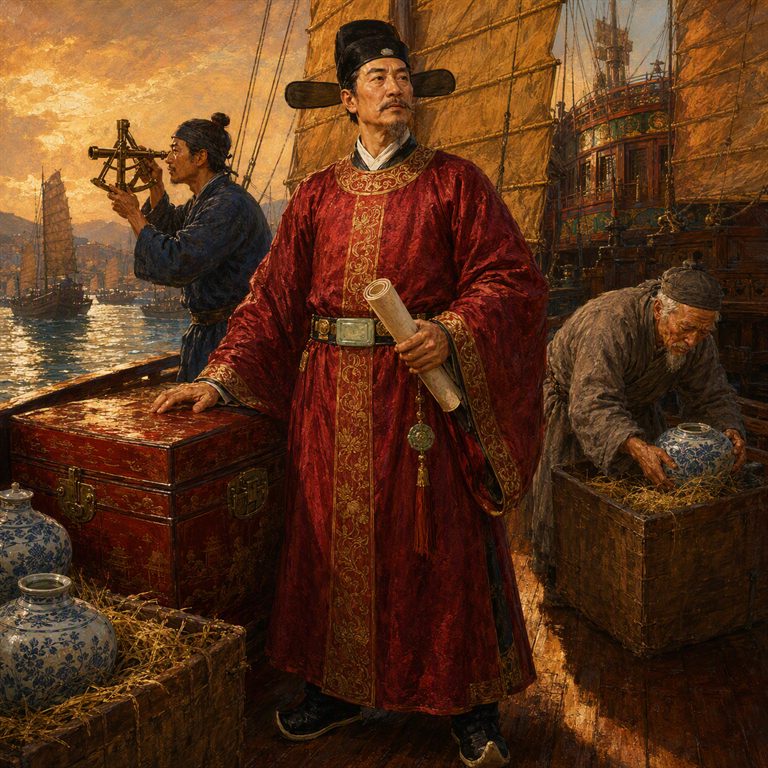 A red-robed official holding a scroll stands aboard a cargo-laden ship while a sailor works a sextant among crates and porcelain.