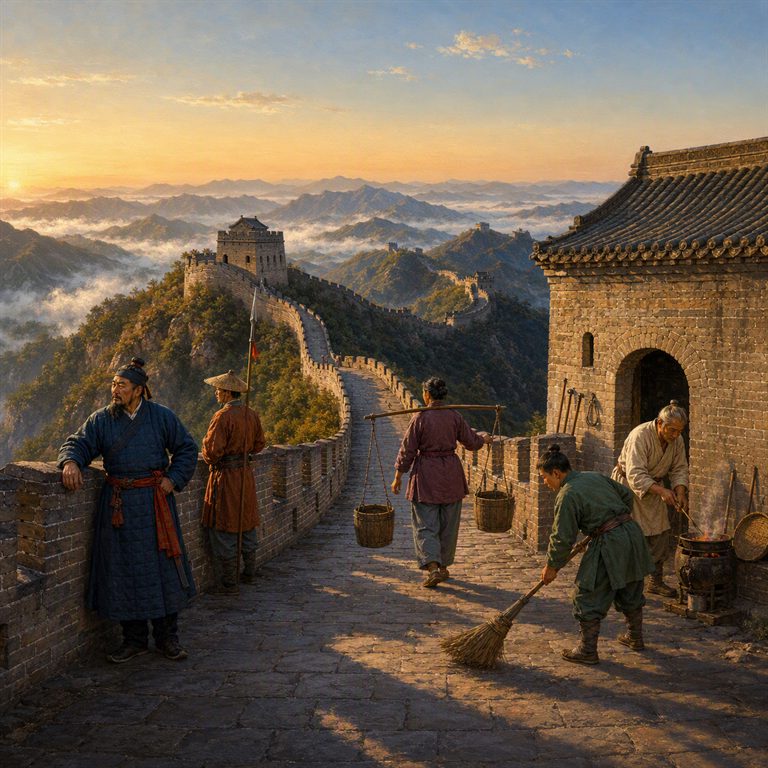 The Ming Great Wall follows a dry ridgeline toward a watchtower, its stone path winding into blue mountains and open sky.
