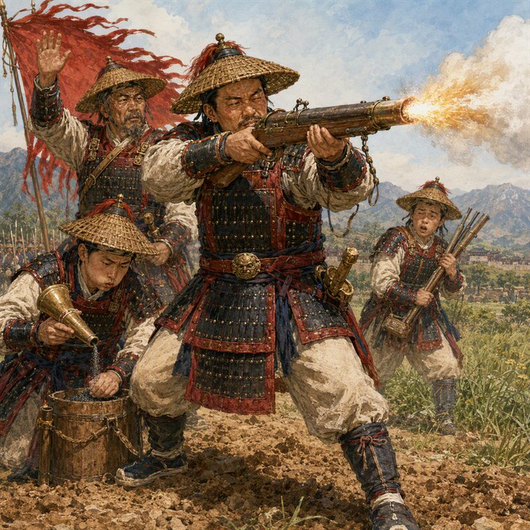 Four armored soldiers in straw hats operate a long firearm on a hillside, with a red banner, smoke, and a distant walled settlement.