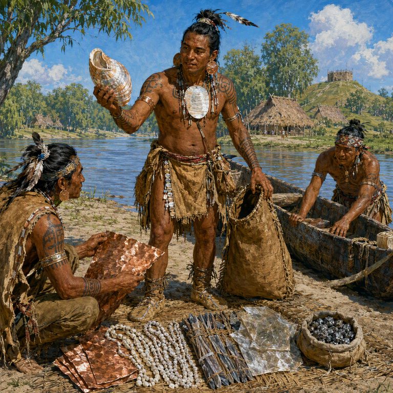 A Watonathi trader kneels beside shell and food bundles, speaking with villagers under the broad riverbank trees.