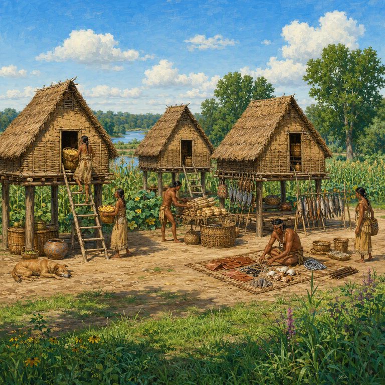 Raised granaries at the town edge, maize baskets going up the ladder and trade goods sorted in the shade.