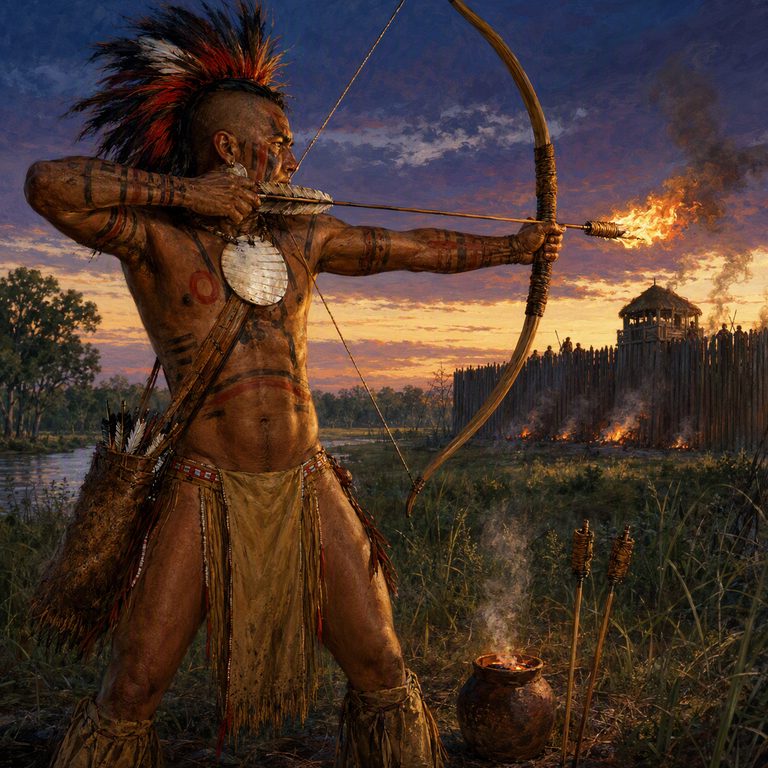 A Burning Arrow warrior stands near the palisade with bow and fire bundle ready, maize fields visible beyond the mound.