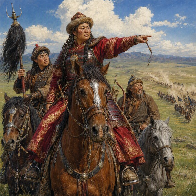 A Noyan rider points across the open steppe while her companions and a long column of horsemen ride behind.