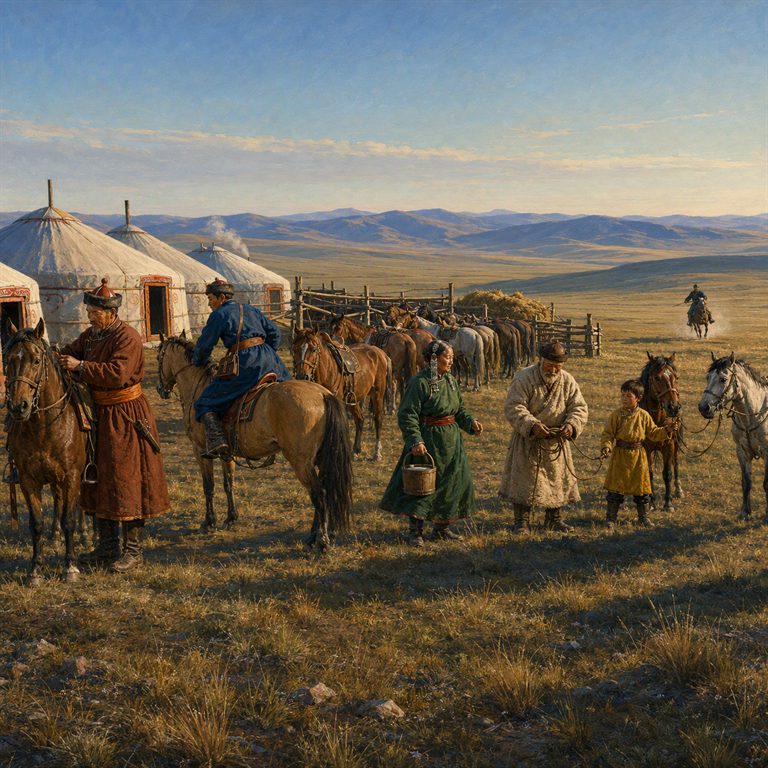 Fresh horses wait beside the Örtöö relay camp as riders change mounts, with tents and the long grassland road behind.