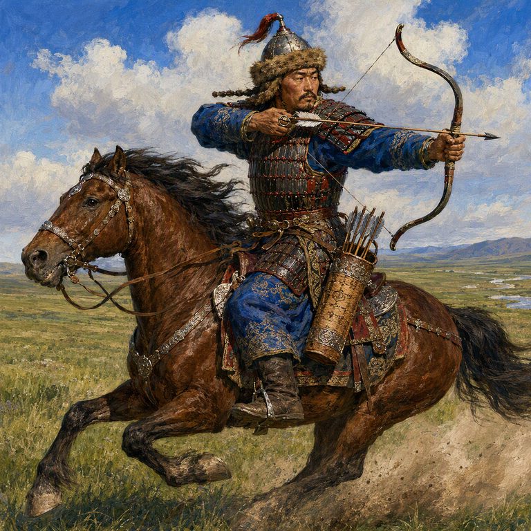 A Keshig rider holds the open steppe road, bow across the saddle as remounts and distant tents trail behind.
