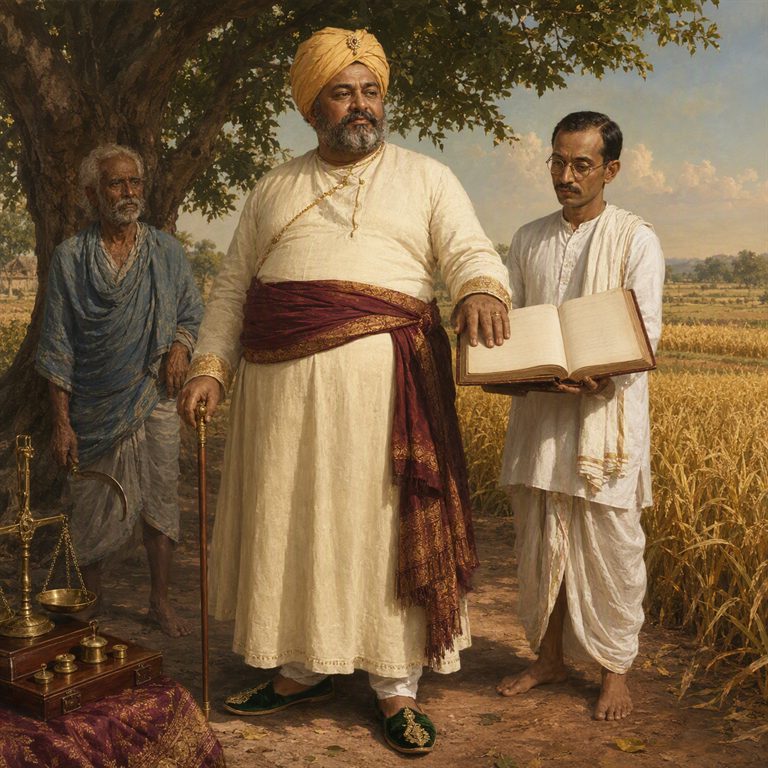 A Zamindar stands beside ripening fields in a pale robe and turban, accompanied by men with a ledger and tools beside a balance scale.