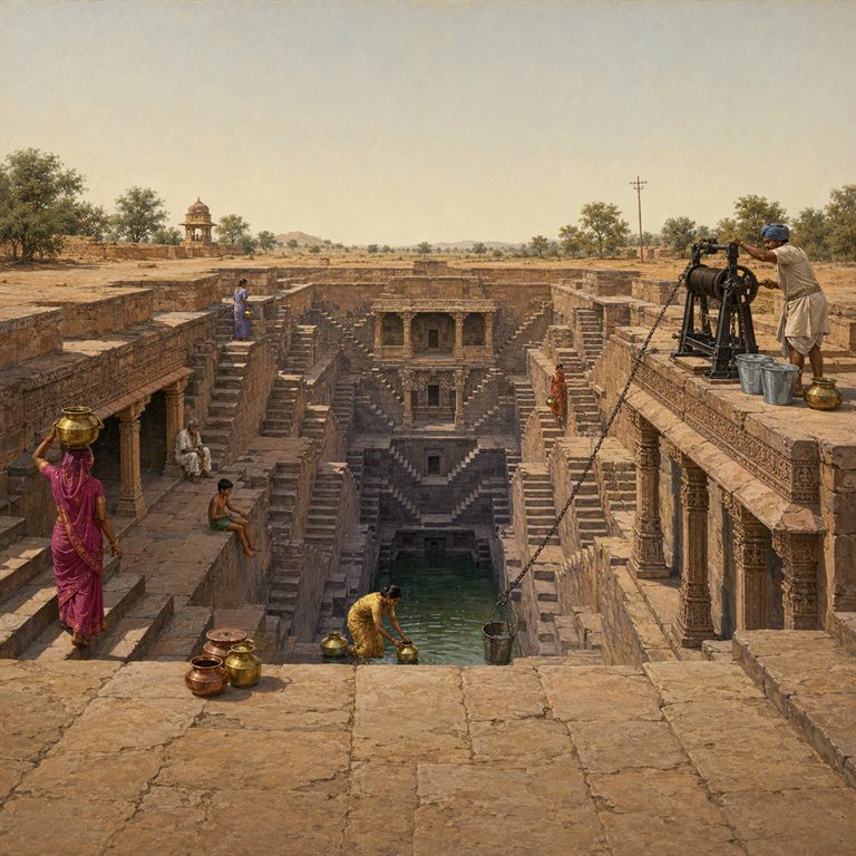 A Mughal stepwell descends through warm stone terraces, with workers and visitors moving among the deep geometric stairways.