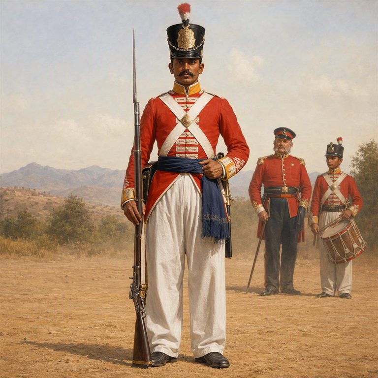 A Mughal Sepoy stands at attention in a red-and-white uniform, musket grounded as members of the regiment form behind him.