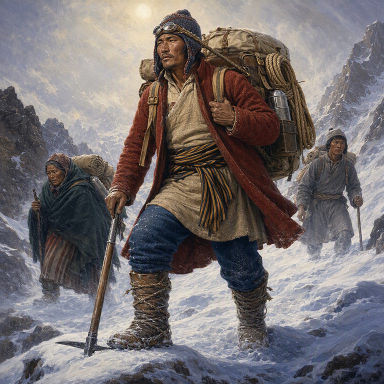 A Sherpa in a red coat and goggles leads two companions through a windblown snowy mountain pass, carrying a packed rucksack, rope and climbing gear.